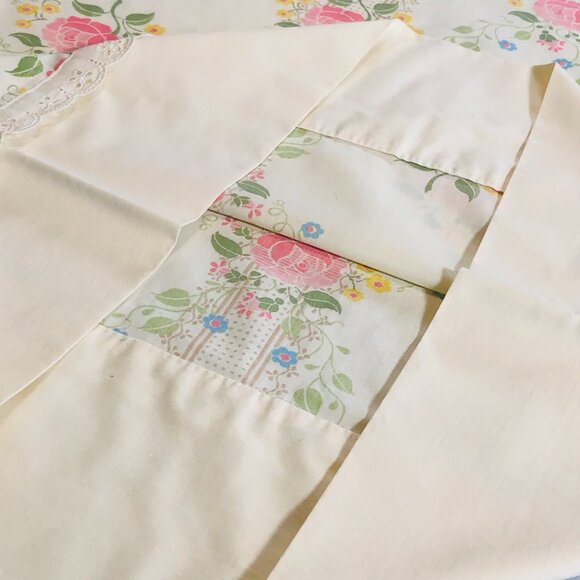 Vintage 70s FIELDCREST USA Smithsonian Single Pillowcase: Pink Roses, Lace Trim - Picture 5 of 9